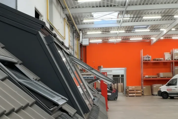 Dakramen in onze showroom, met daarachter het magazijn en een van onze bezorgbussen
